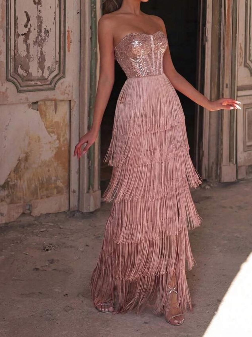 Faeriesty Elegant Sequin Strapless Dress Multi-Layer Fringe Hem Pink Size Large